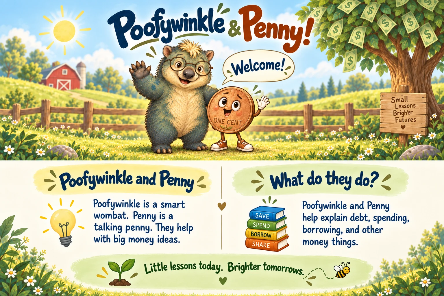 Poofywinkle and Penny wave hello on a sunny farm, beside a tree with dollar bills for leaves.